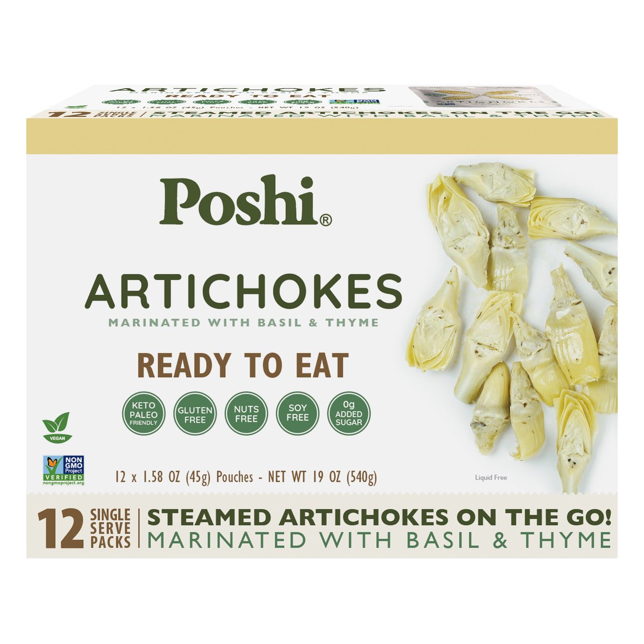 Poshi Marinated Artichoke Hearts with Basil & Thyme, 12-Pack (1.58 oz Pouches)