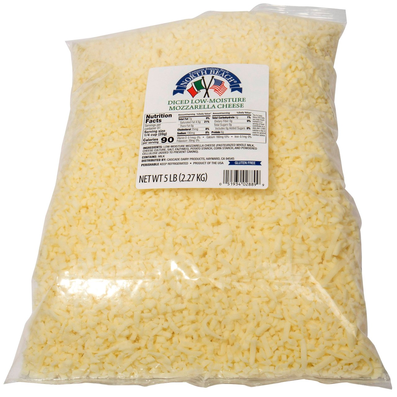 North Beach Diced Whole Milk Mozzarella Cheese, 5 lbs