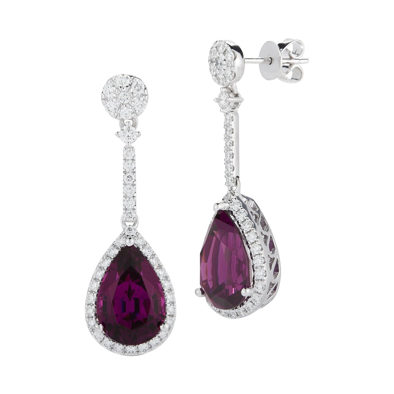 9.79 CTW Pear Shape Rhodolite & 1.03 CTW Diamond 18kt White Gold Earrings - Image 1