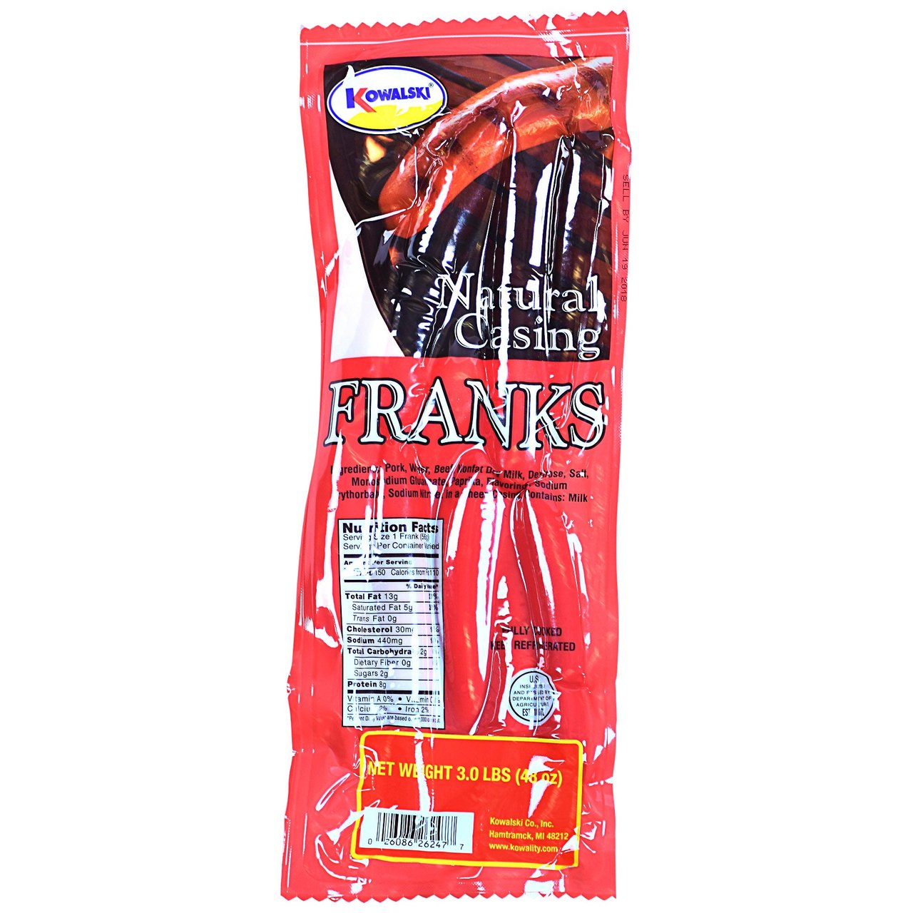 Kowalski Natural Casing Franks 3 Pound Bag