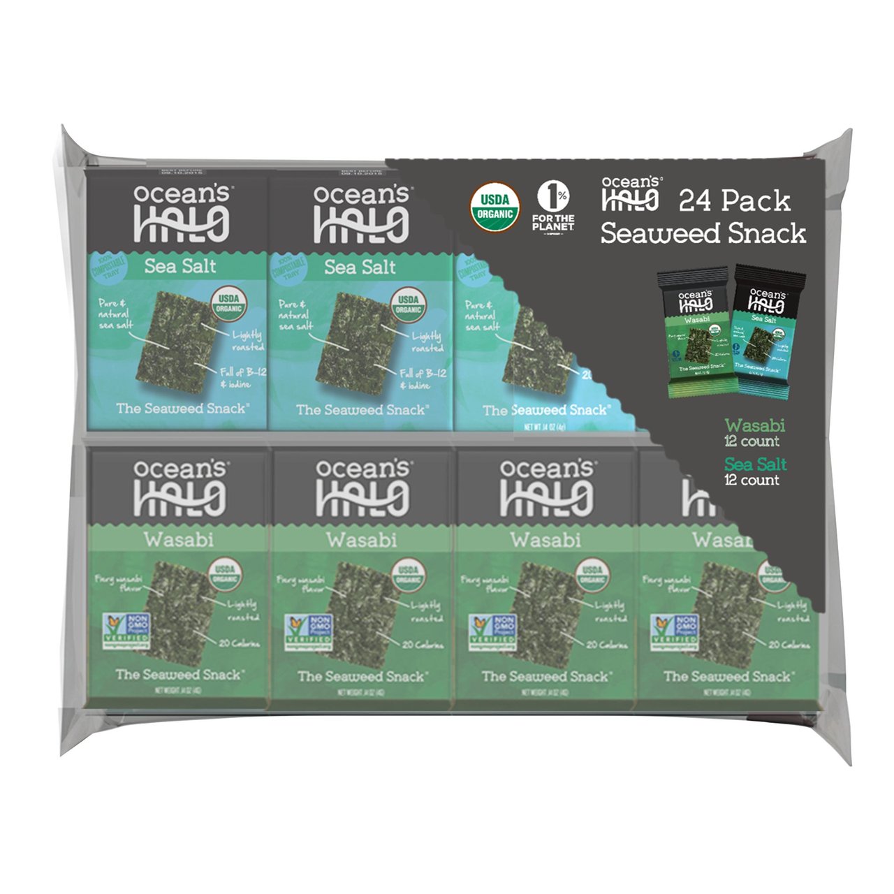 Ocean's Halo Wasabi & Sea Salt Organic Seaweed Variety Pack, 24/0.14 oz - Image 1