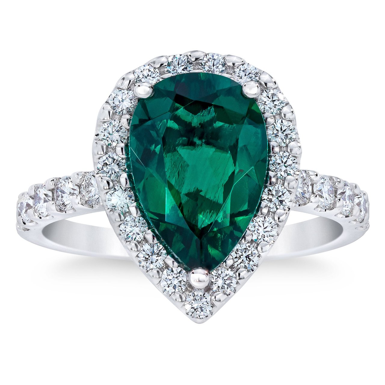 14kt White Gold VS2 I 0.65ctw Diamond & Pear Lab Emerald Ring - Image 1