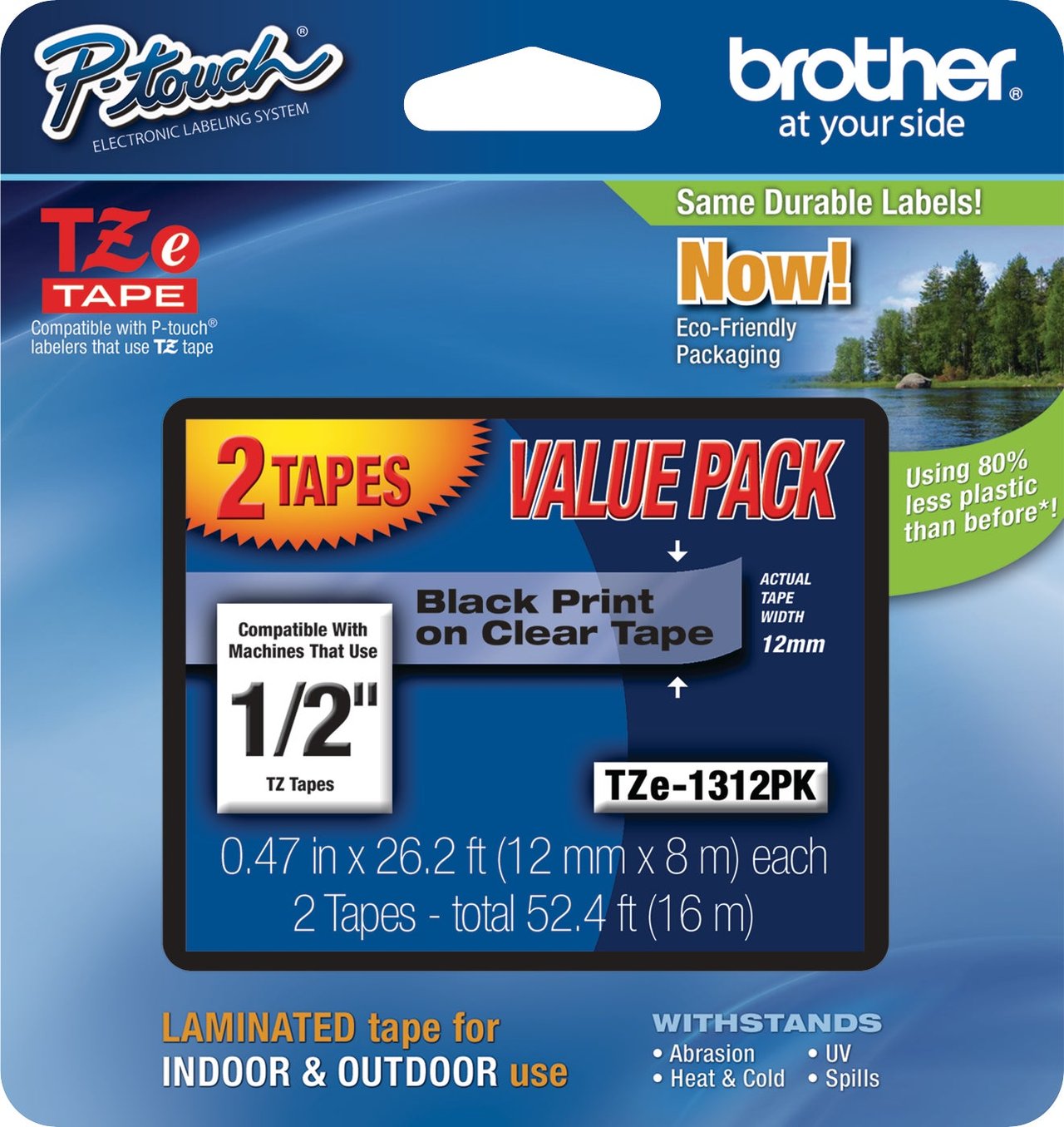 Brother P-Touch TZE-131 1/2" Black on Clear Laminated Label Tape, 2-Pack