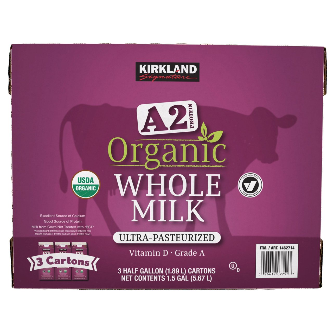 Kirkland Signature Organic A2 Protein Whole Milk, 3 Half-Gallon Containers (6 Quarts) - Image 1