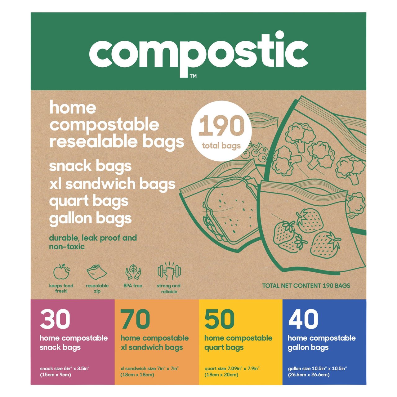 Compostic Compostable Bag Variety Pack, 190 Count - Image 1