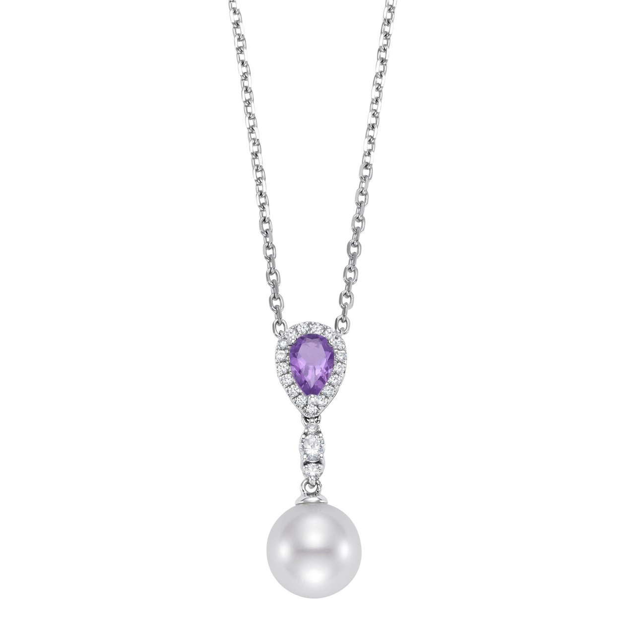 14K White Gold 0.15 CTW Diamond & 8-8.5mm Freshwater Cultured Pearl & Amethyst Pendant - Image 1