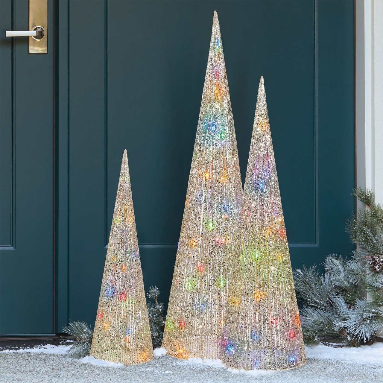 Glitter String LED Cone Trees, Set of 3 - Image 1