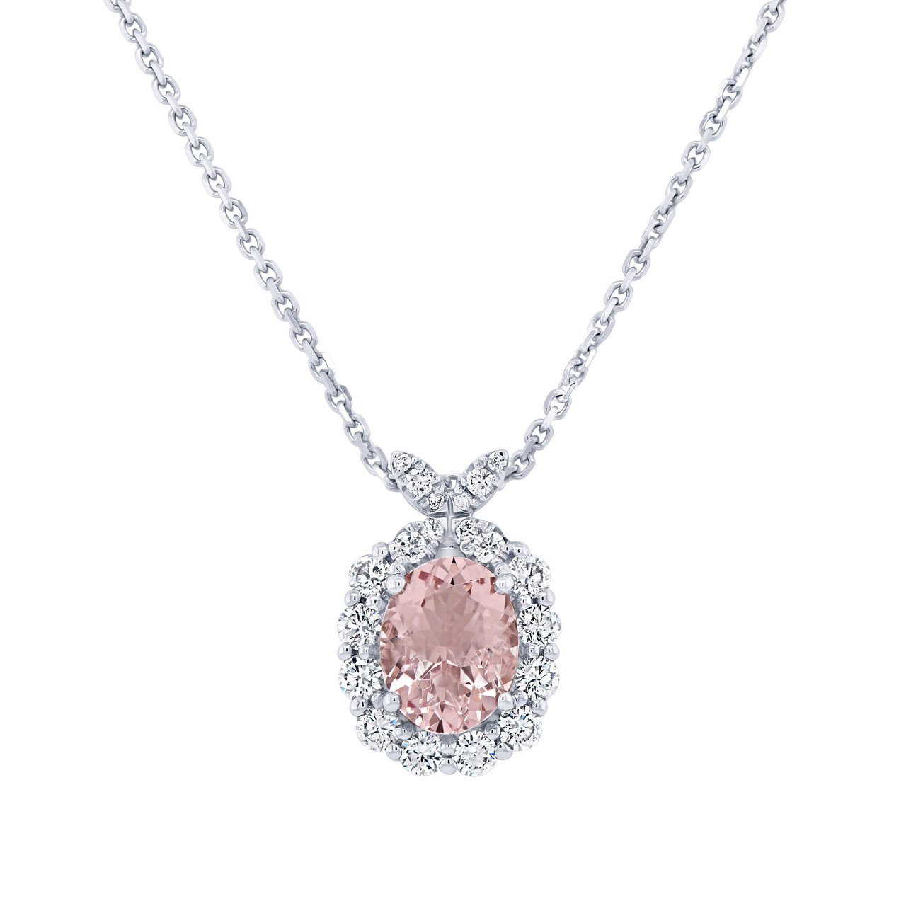 9.0x7.0 mm Oval Cut Morganite 0.59 CTW Diamond 14KT White Gold Pendant - Image 1