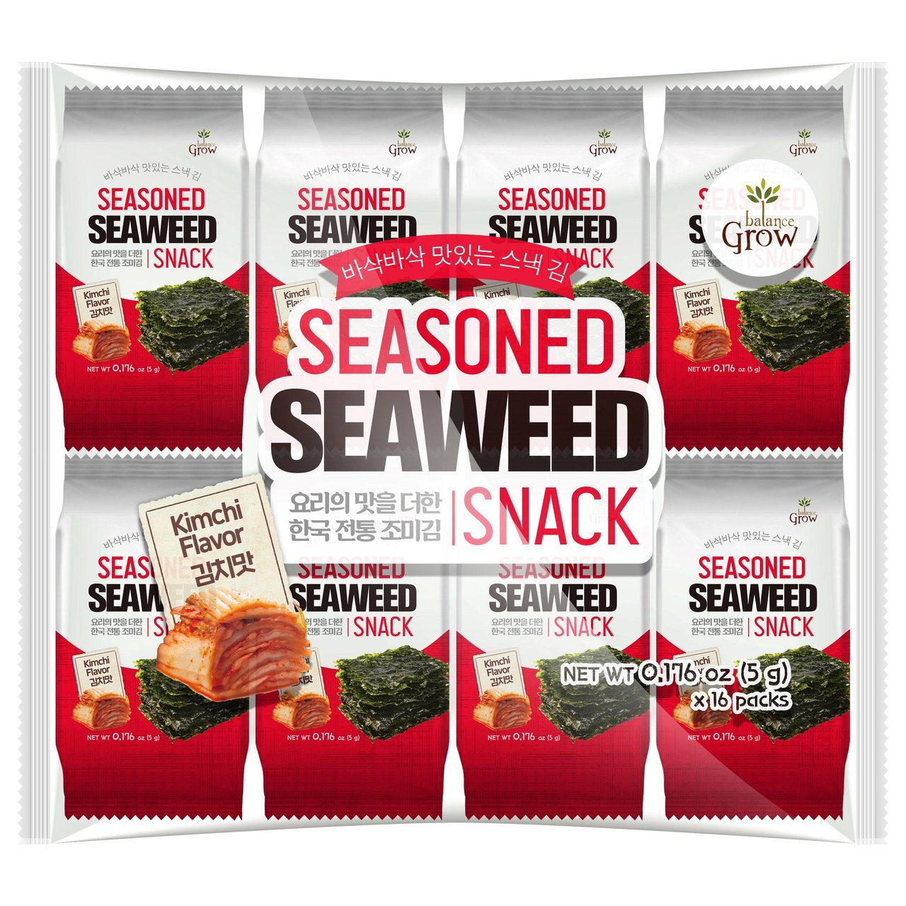 Balance Grow Seasoned Seaweed Snack, Kimchi Flavor, 0.176 oz, 16 Count - Image 1