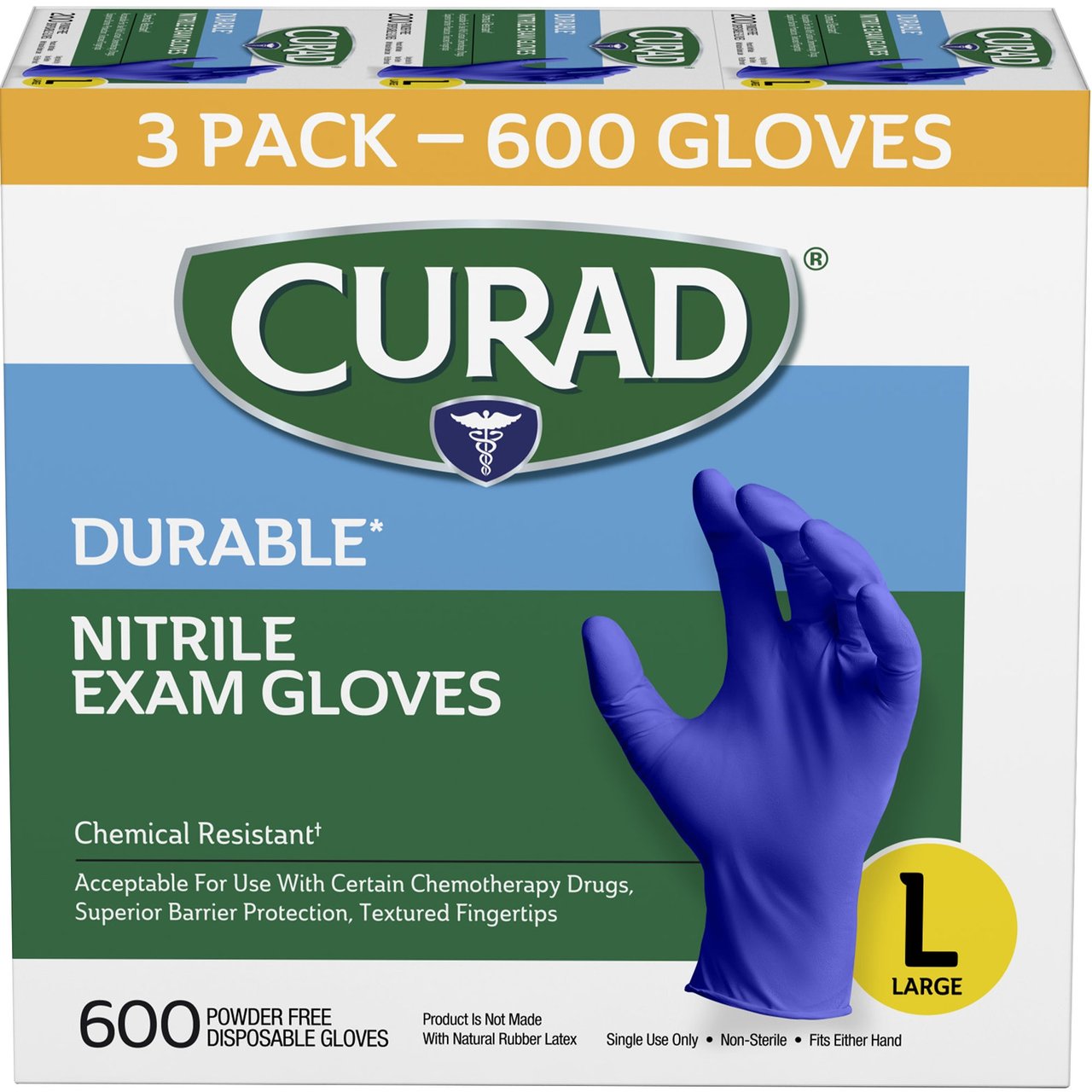 Curad Durable Nitrile Exam Gloves, Large, 3-Pack (200 CT Each)