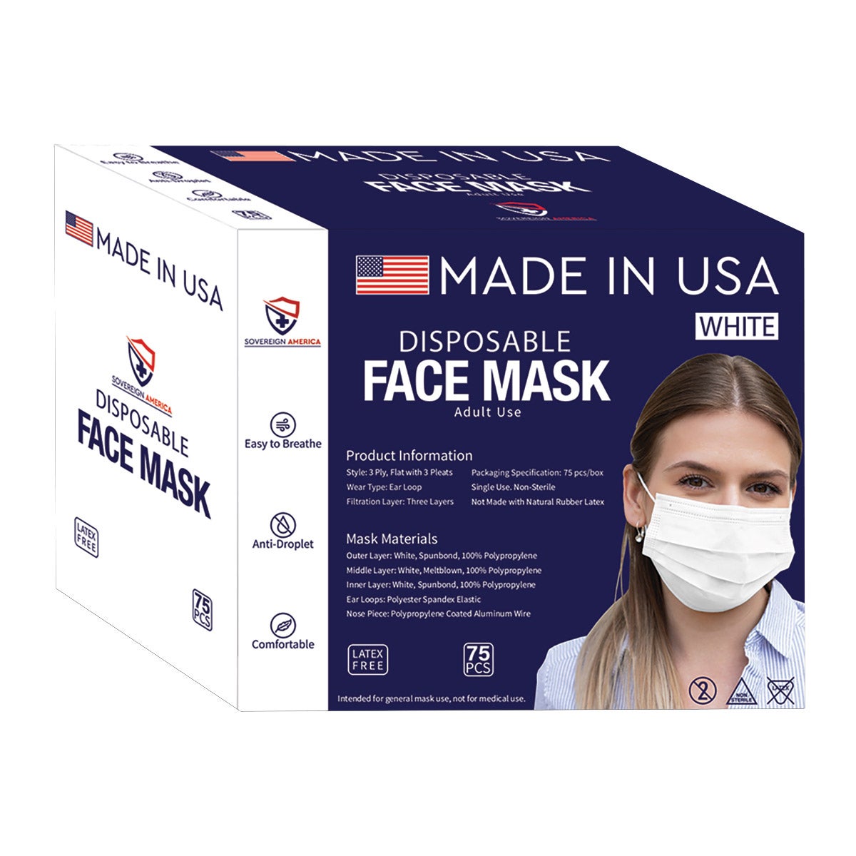 General Use Disposable Face Mask, White, 75-Count, Made in USA