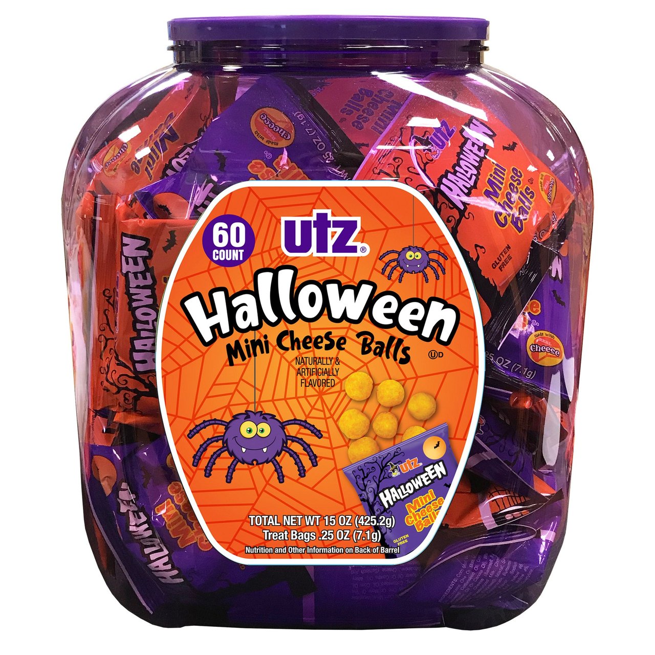 Utz Halloween Barrel Mini Cheese Balls, 60 Count, 0.25 oz Each - Image 1