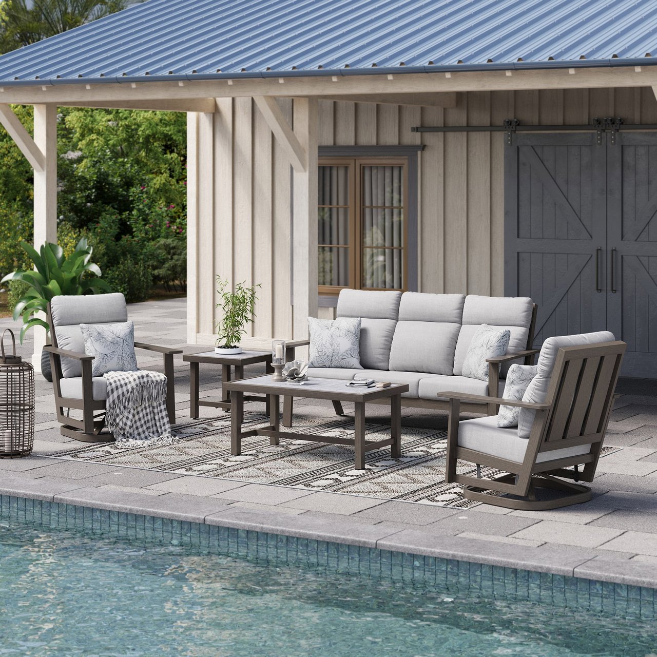 Grand Leisure Everett 5-Piece Outdoor Patio Deep Seating Set with Tile Table Top - Image 1