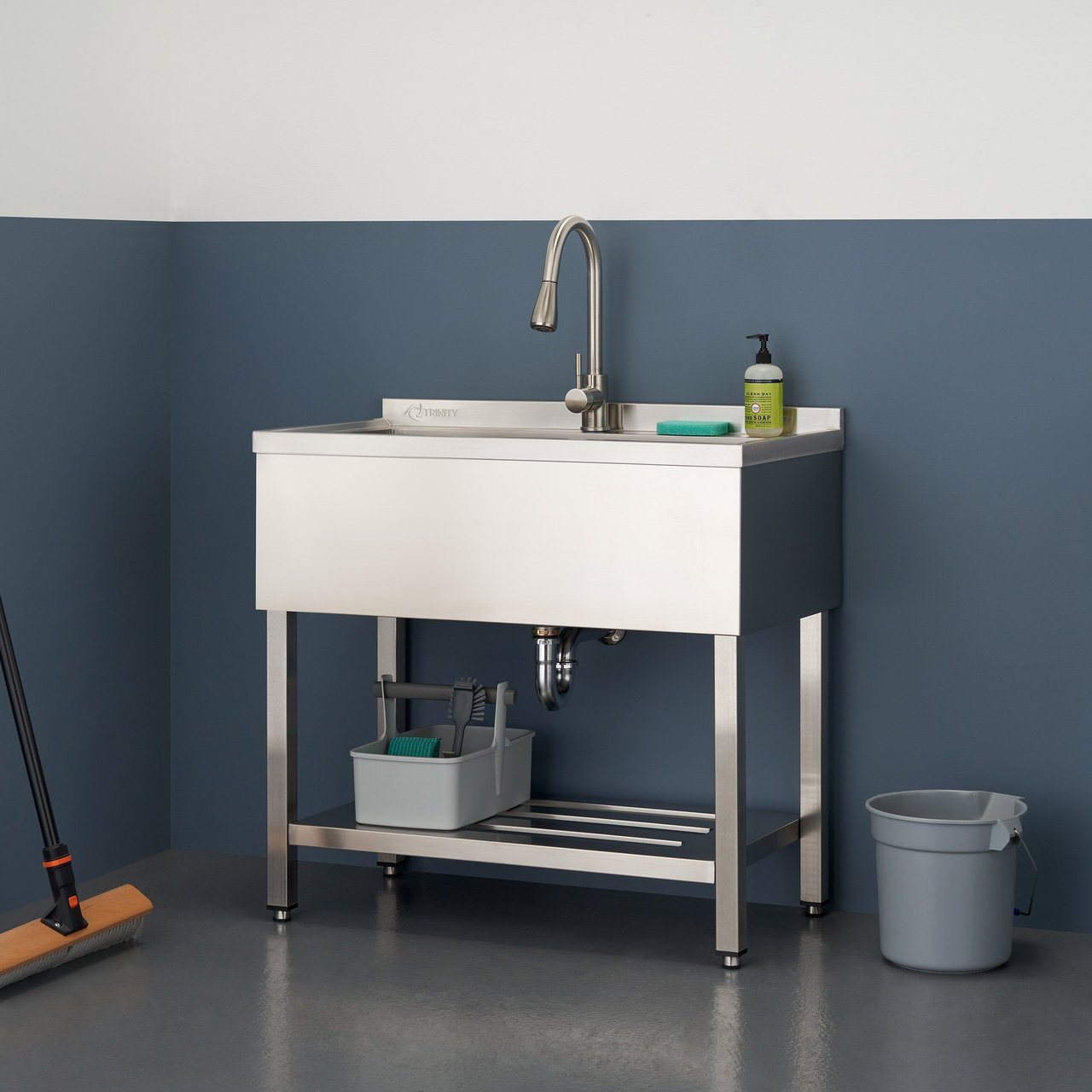 Trinity Stainless Steel Utility Sink with Pull-Down Faucet and Shelf