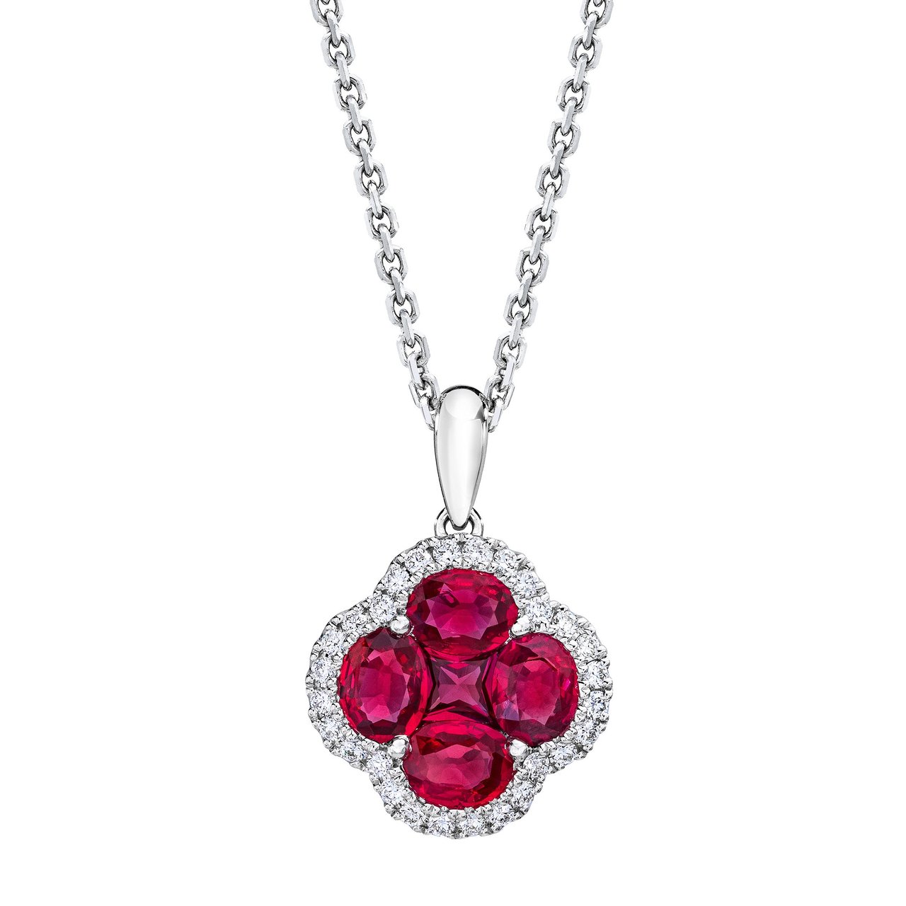 14kt White Gold 0.11ctw VS2 I Diamond and Ruby Clover Necklace - Image 1