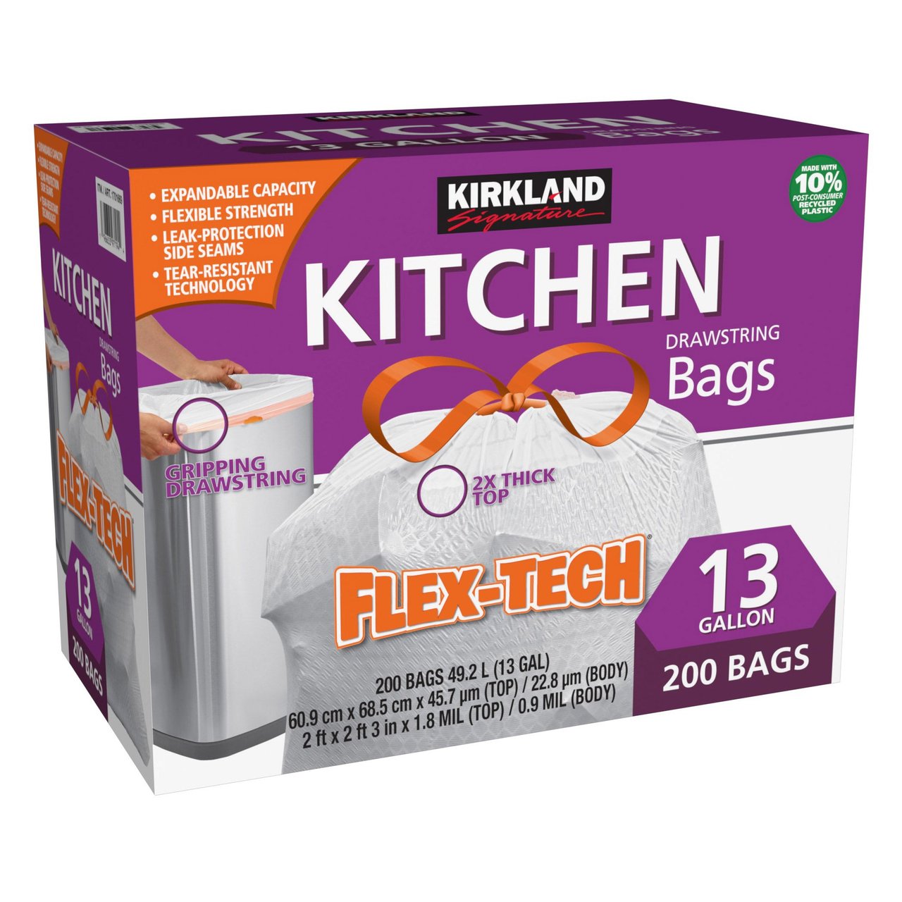 Kirkland Signature Flex-Tech 13-Gallon Kitchen Trash Bags, 200-Count - Image 1
