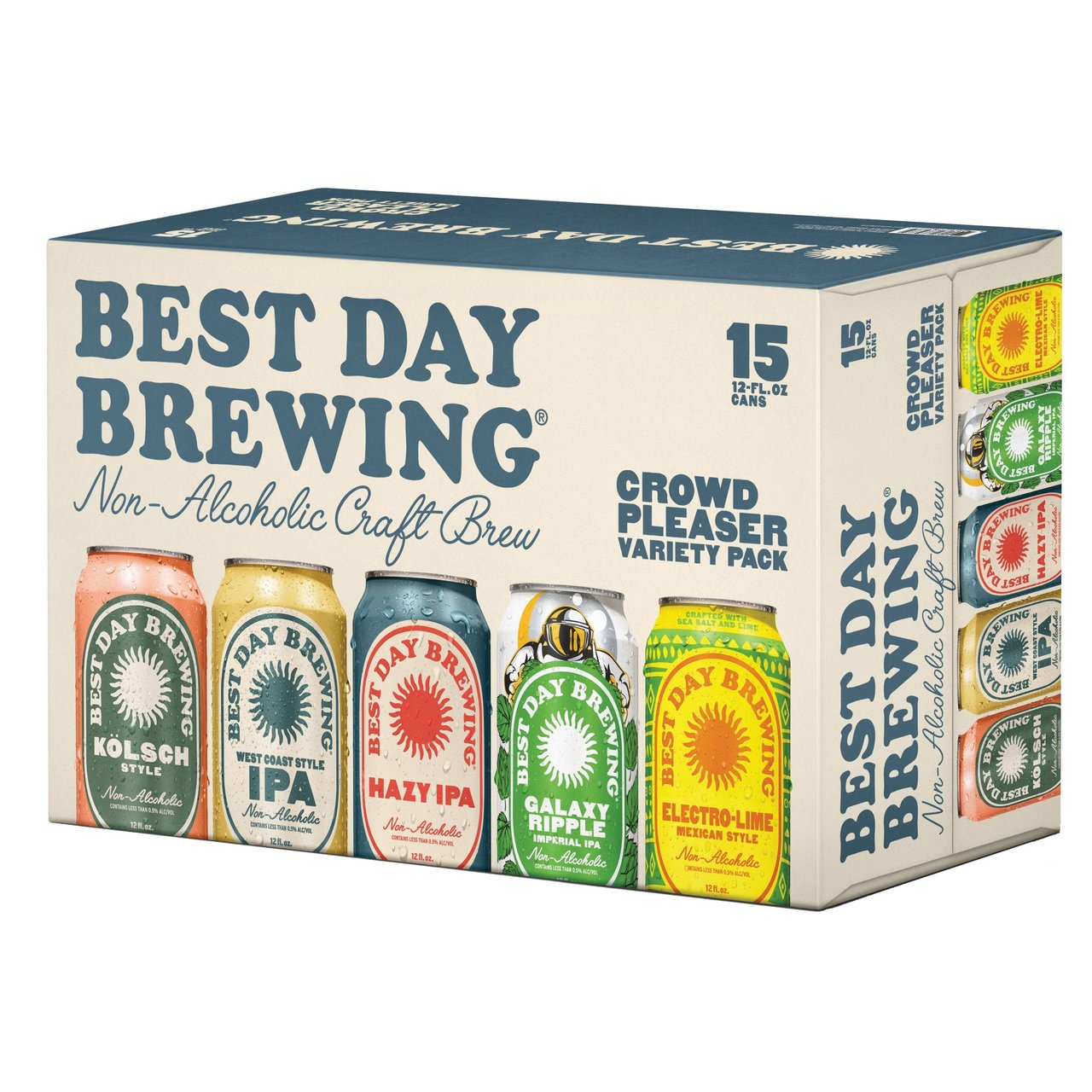 Best Day Brewing Variety Pack Non-Alcoholic Beer, 15 x 12 oz