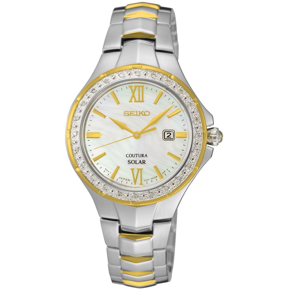 Seiko Coutura Solar Ladies Two-Tone Watch with Mother of Pearl Dial