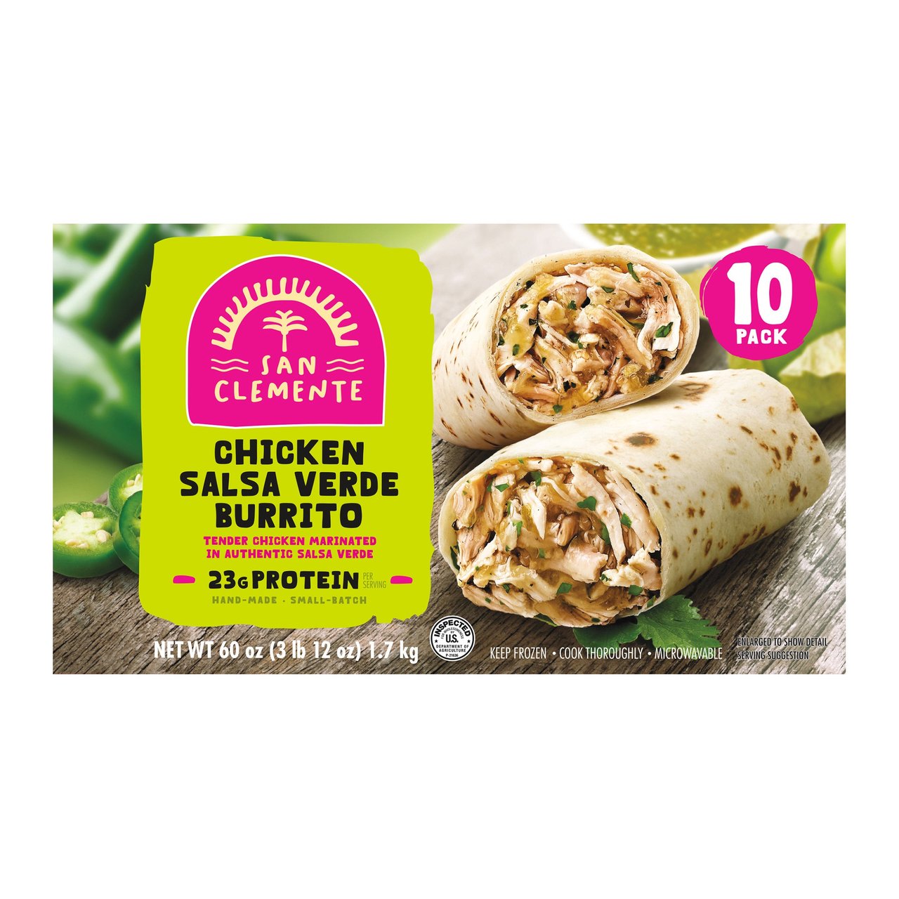 San Clemente Chicken Salsa Verde Burrito, 10 Count (3.7 lb) - Image 1
