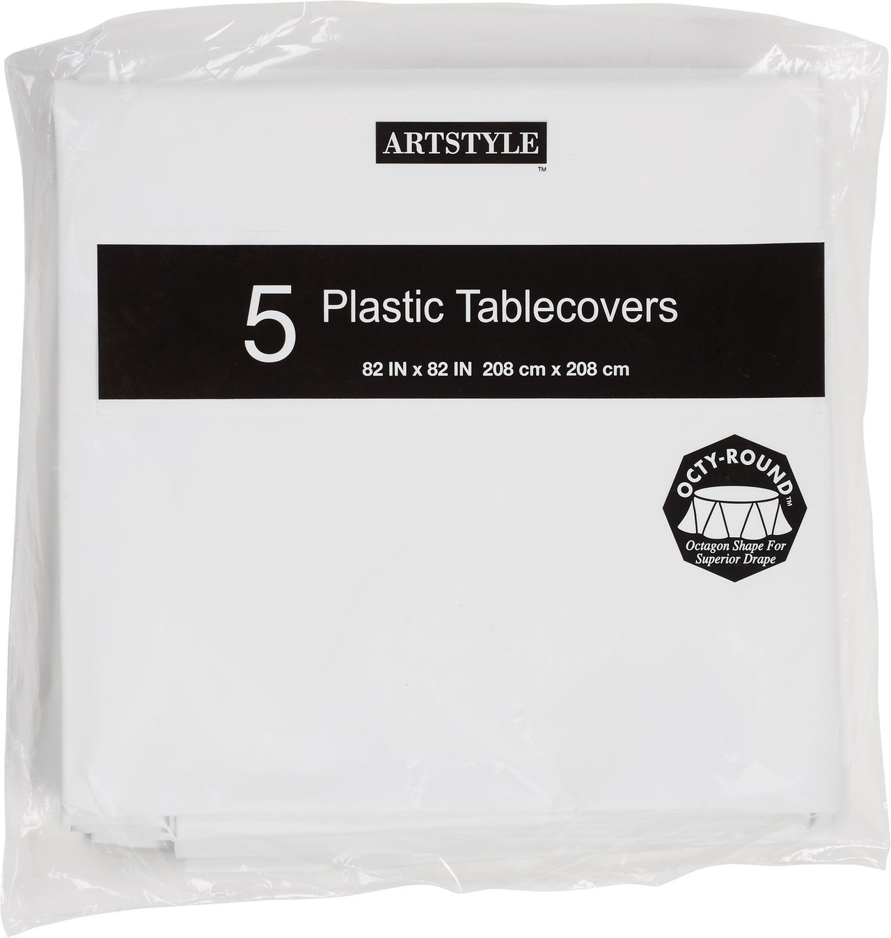 Artstyle Octy-Round Plastic Table Cover, 82" x 82", White, 5 CT
