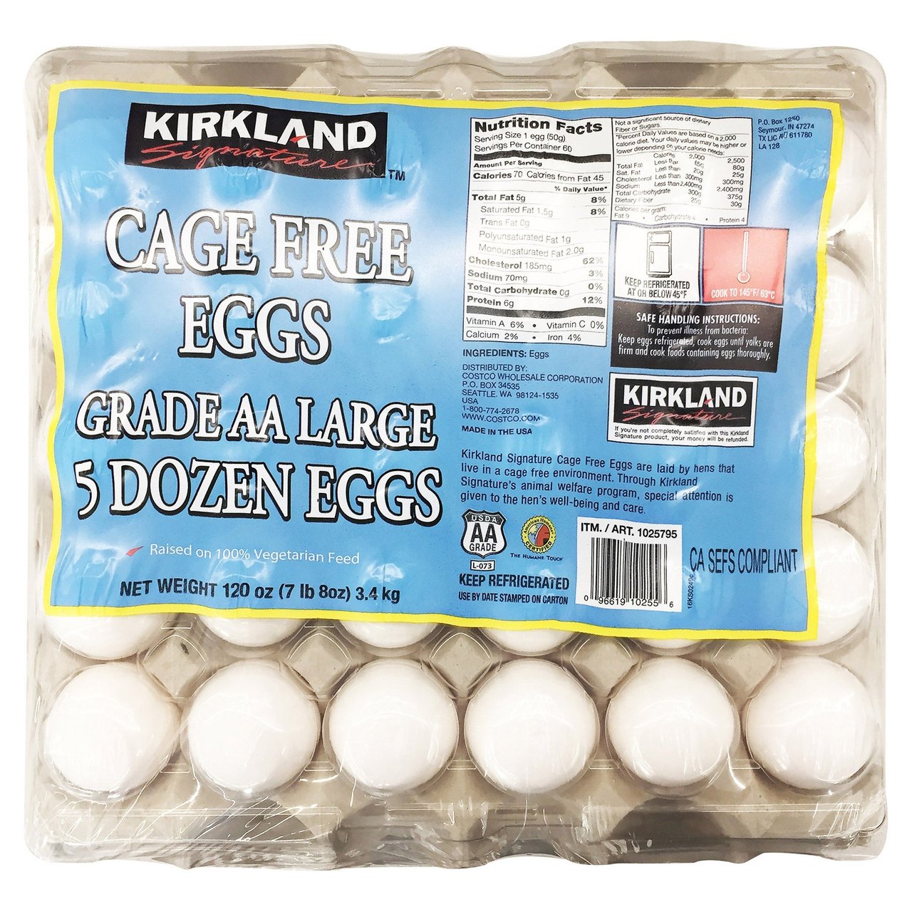 Kirkland Signature USDA Grade AA Cage Free Large Eggs, 5 Dozen (60 Count)