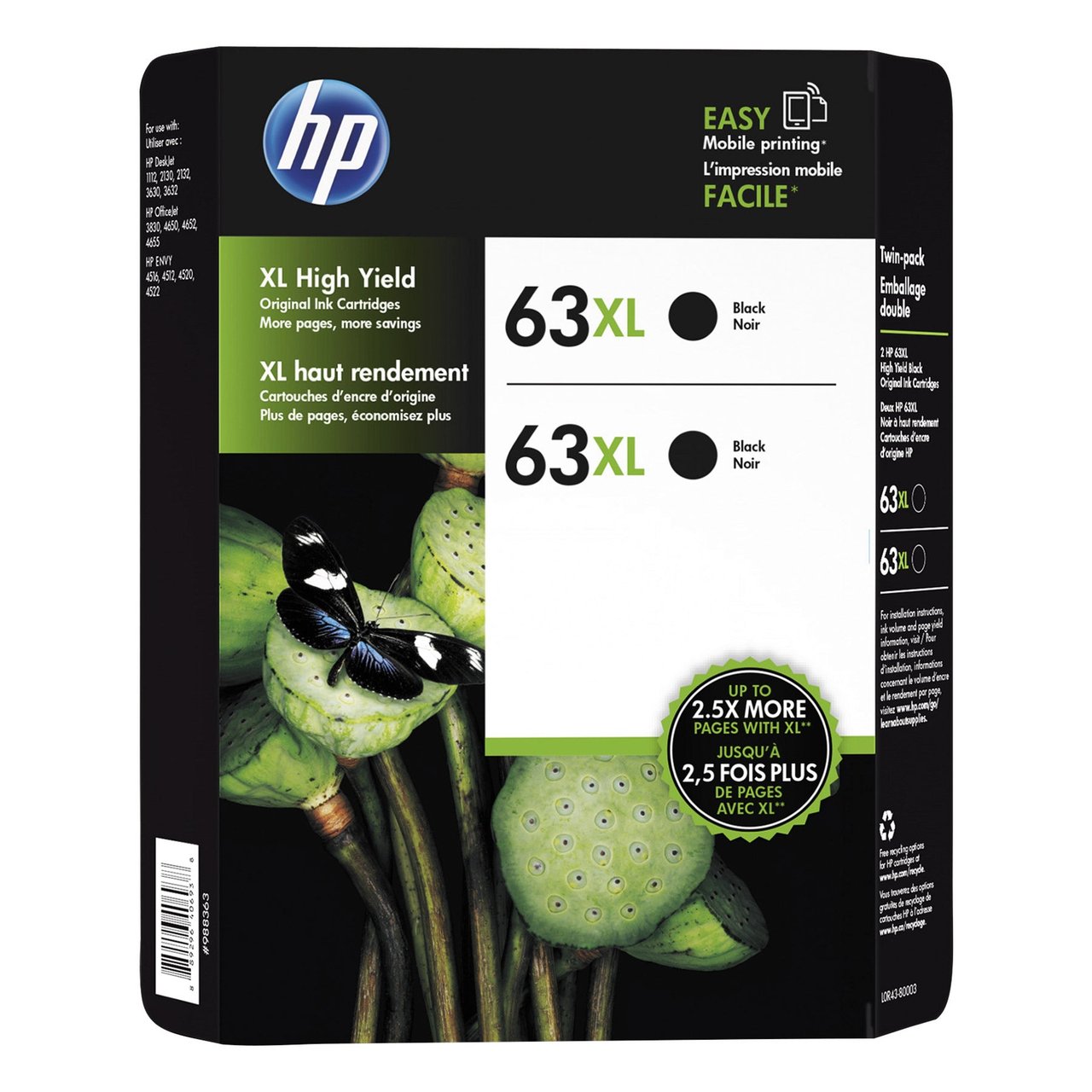 HP 63XL High Capacity Black Ink Cartridge, 2-Pack