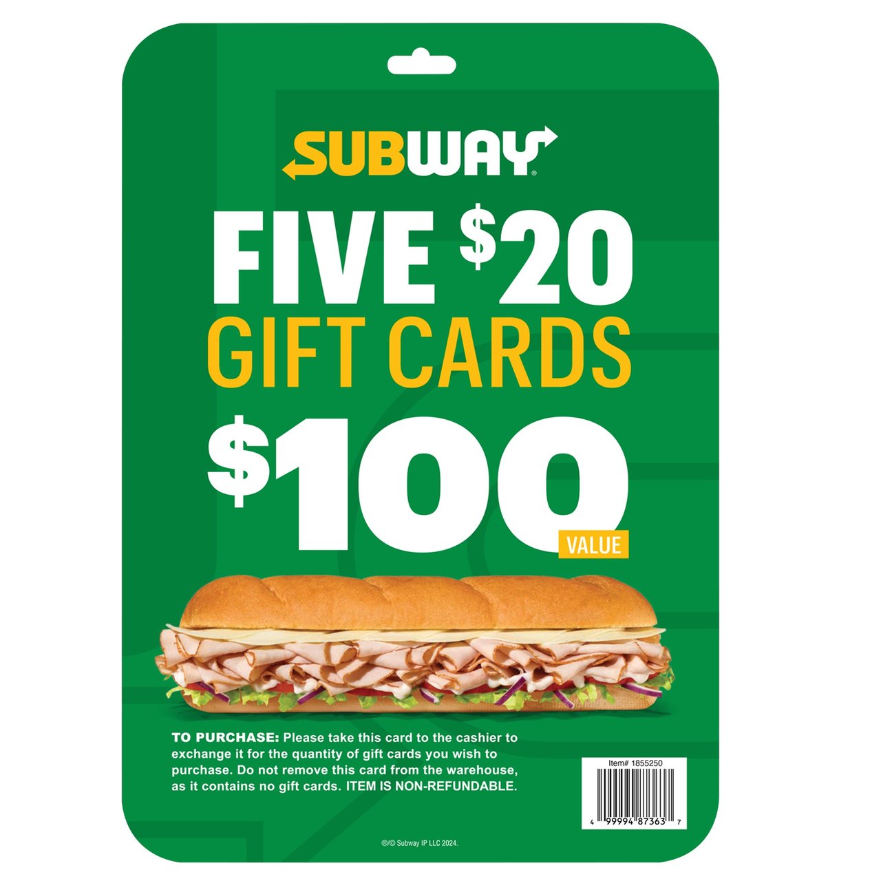 Subway Five $20 Gift Cards ($100 Value) - Item is Non-Refundable - Image 1