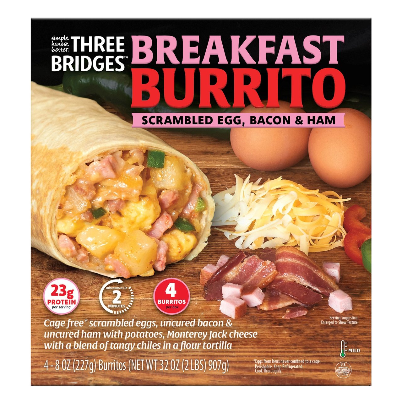 Three Bridges Egg Bacon Ham Burrito 4 CT / 32 OZ - Image 1