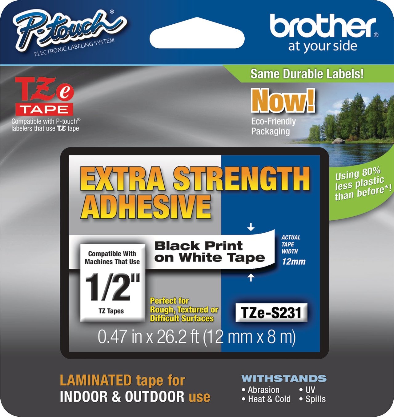 Brother P-touch TZe-S231 1/2" Black on White Extra-Strength Adhesive Tape
