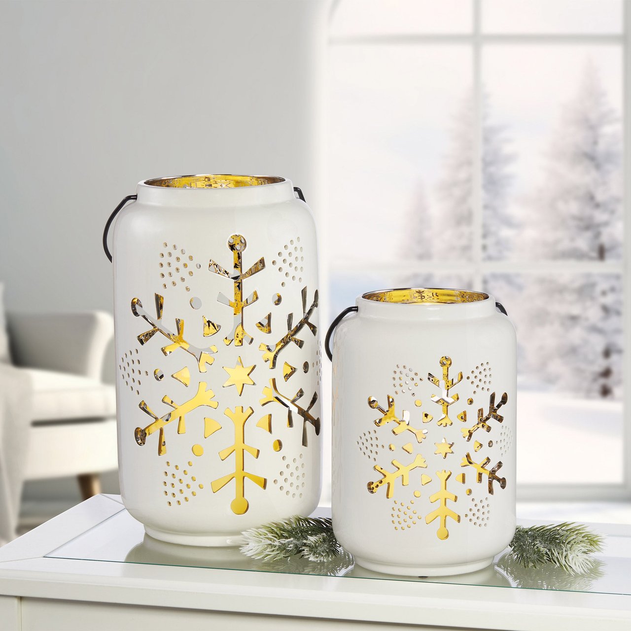 Ceramic Snowflake Lantern Set of 2 - Image 1