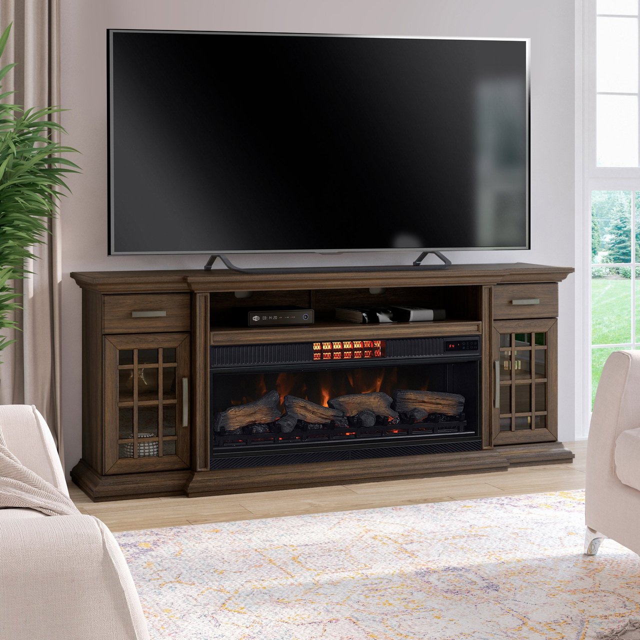 Tresanti Everett 74" TV Console with ClassicFlame CoolGlow 2-in-1 Electric Fireplace and Fan - Image 1