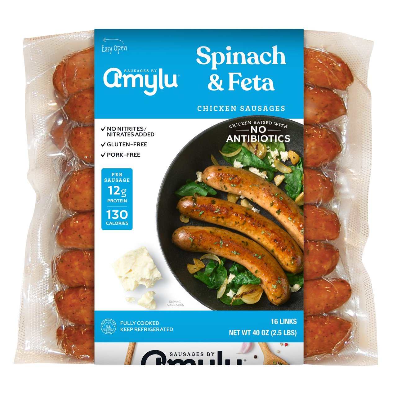 AMYLU ABF SPINACH FETA CHICKEN SAUSAGE 2.5 LBS - Image 1
