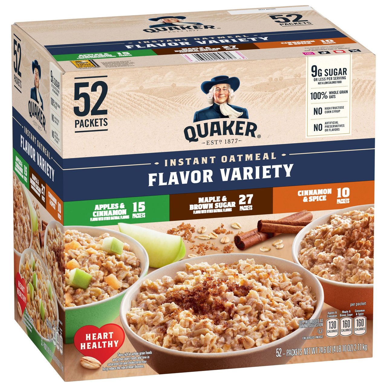 Quaker Instant Oatmeal Variety Pack, 52 Pack, 1.43 Ounces Each - Image 1