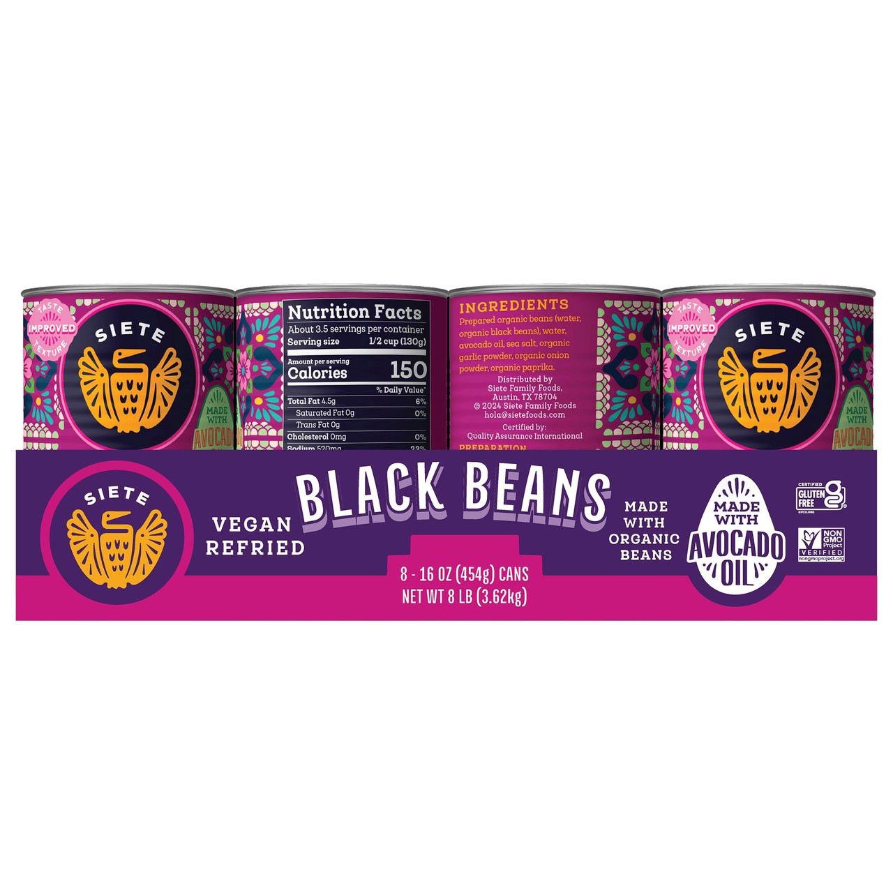 Siete Vegan Refried Black Beans, 16 oz, 8-Count - Image 1