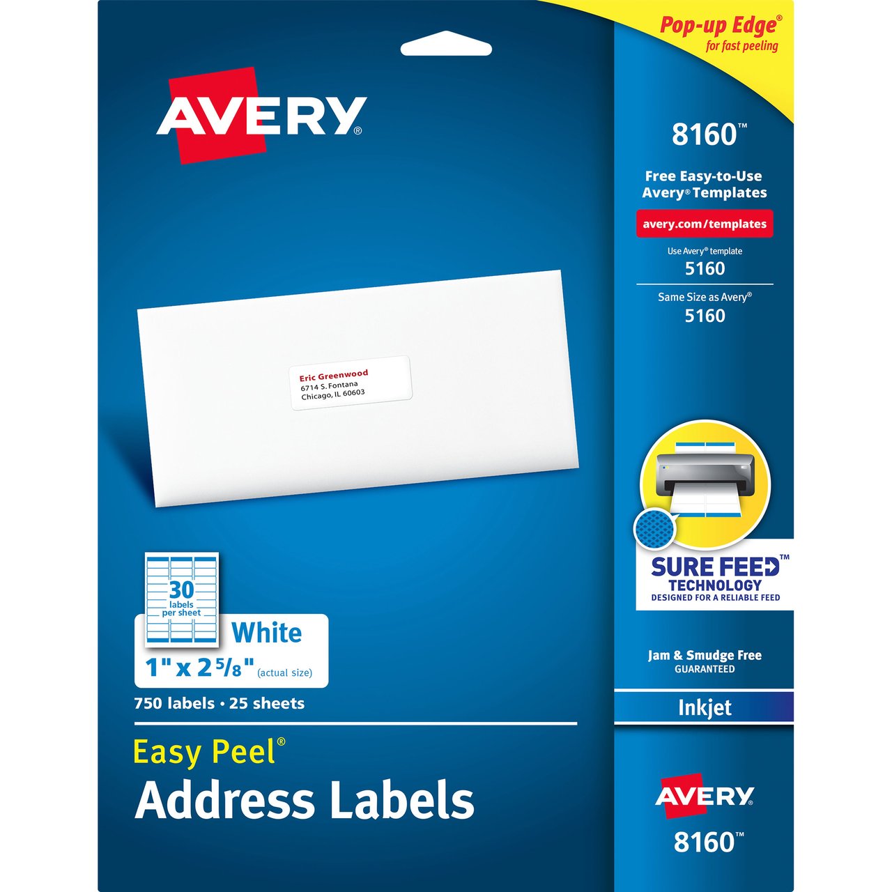 Avery Easy Peel Inkjet Address Labels, White, 1" x 2-5/8", 750 Labels per Pack, 25-Pack - Image 1