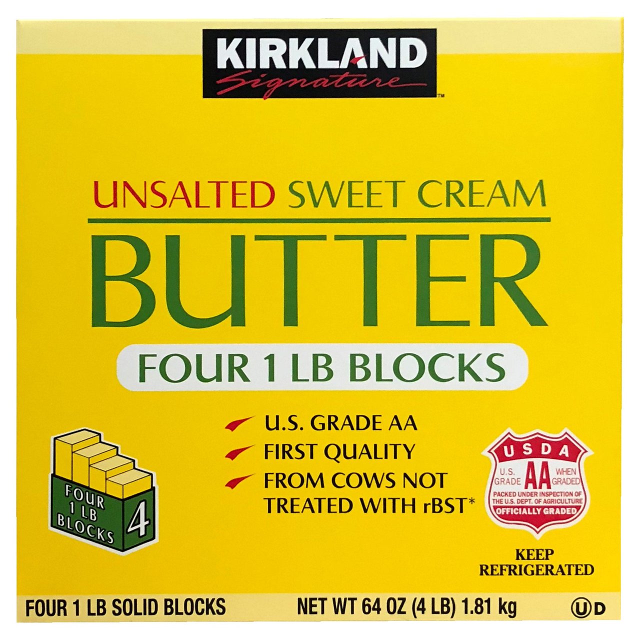 Kirkland Signature Unsalted Sweet Cream Butter, Four 1-lb Blocks - Image 1