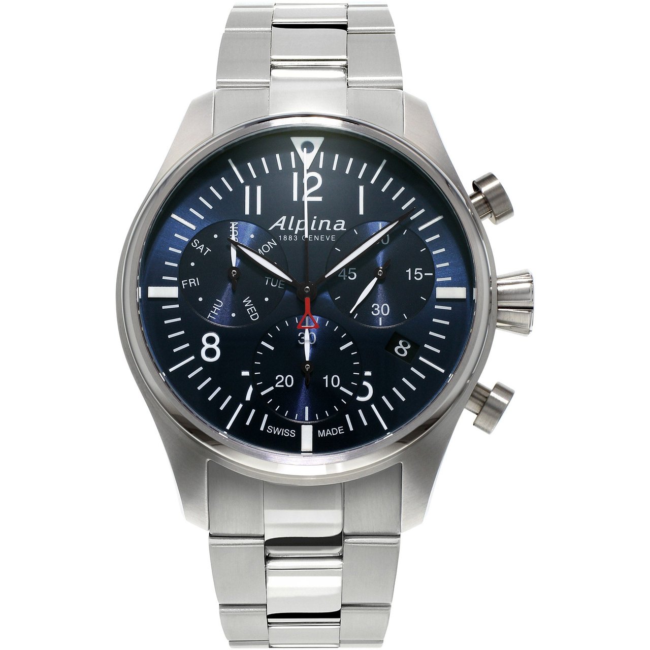 Alpina Startimer Pilot Chronograph Quartz Men's Watch, Blue Dial, Stainless Steel Bracelet