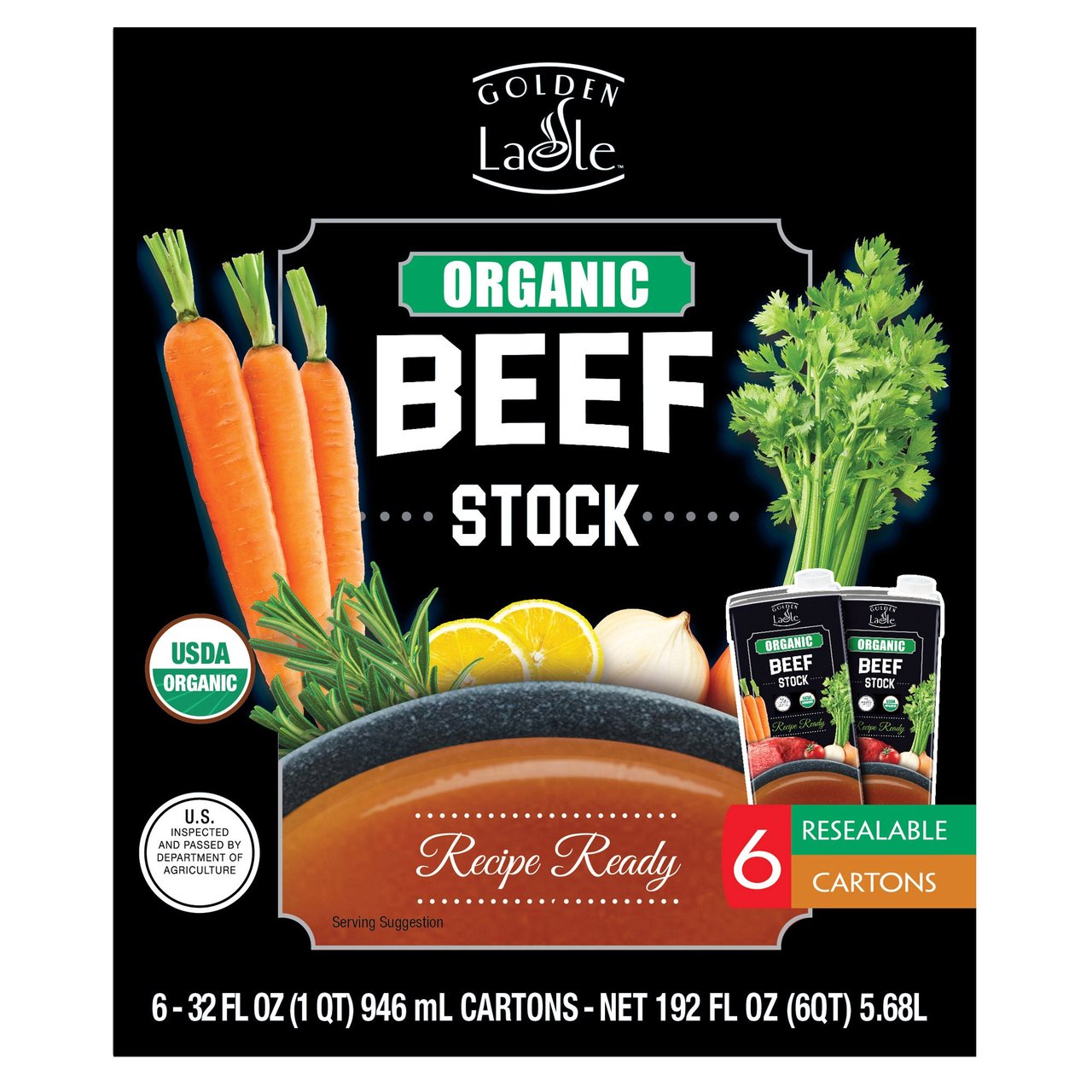 Golden Ladle Organic Beef Stock, 6 x 32 Ounce Cartons - Image 1