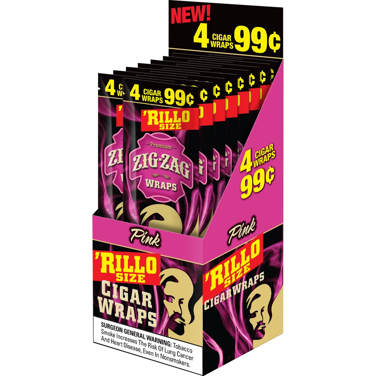 Zig-Zag Cigar Wraps Rillo Size Pink - 15 Packs of 4 Count