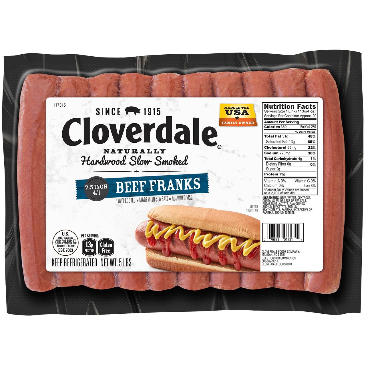 Cloverdale Meats Beef Franks 4:1, 5 lbs