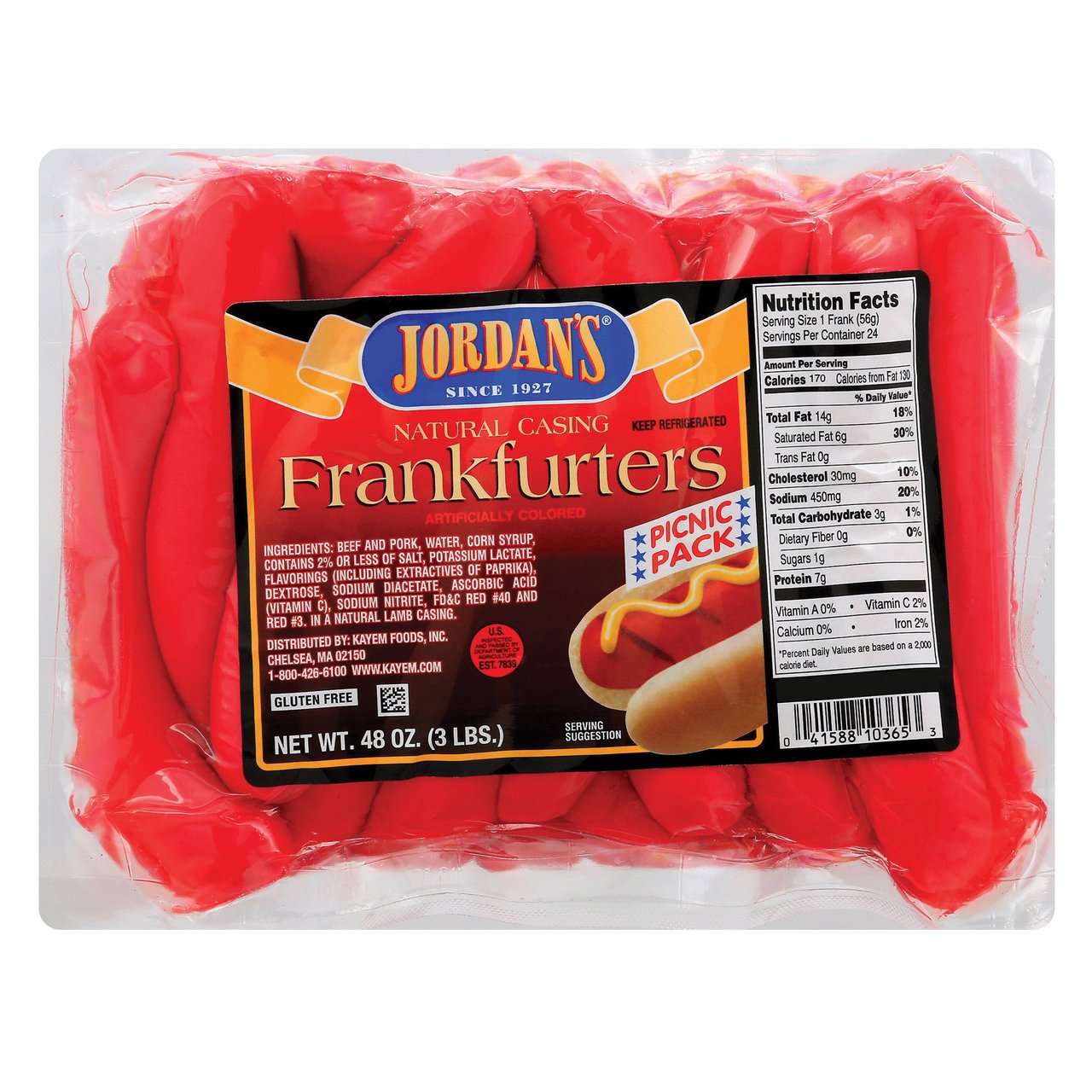 Jordan's Natural Casing Frankfurters 48 oz (3 lbs)