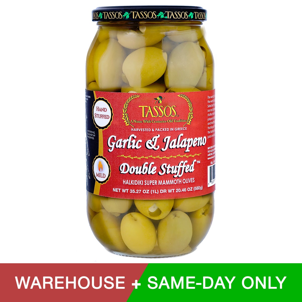 Tassos Garlic & Jalapeno Double Stuffed Olives 20.46 Ounce Jar - Image 1