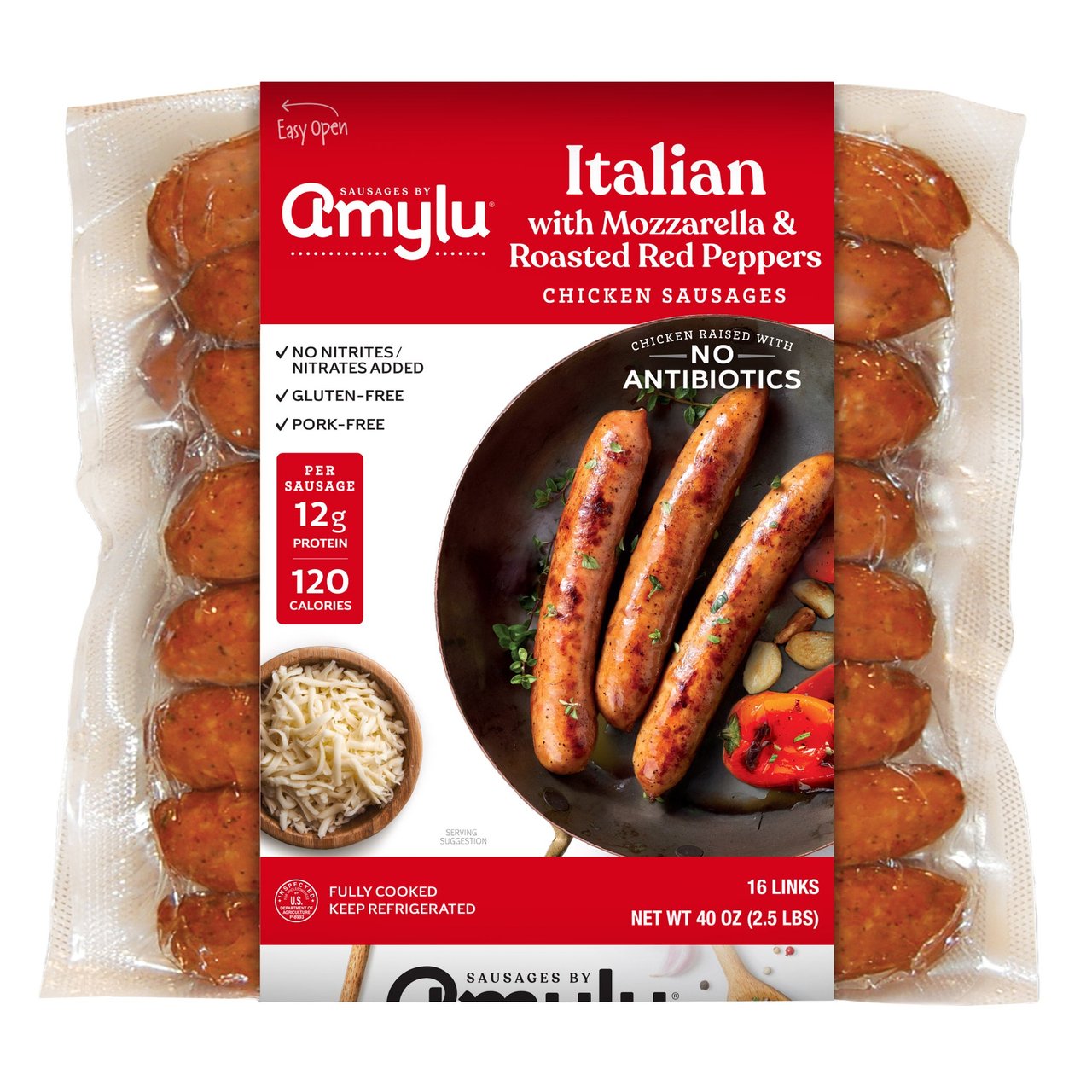 Amylu Italian Chicken Sausage with Mozzarella and Roasted Red Peppers, 40 oz (2.5 lbs) - Image 1