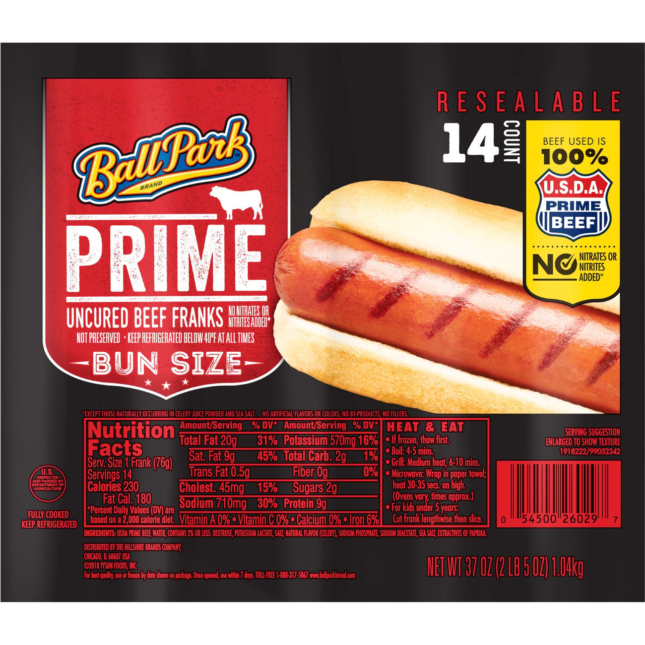 Ball Park Prime Uncured Beef Hot Dog 14 Count 2.3 Pounds