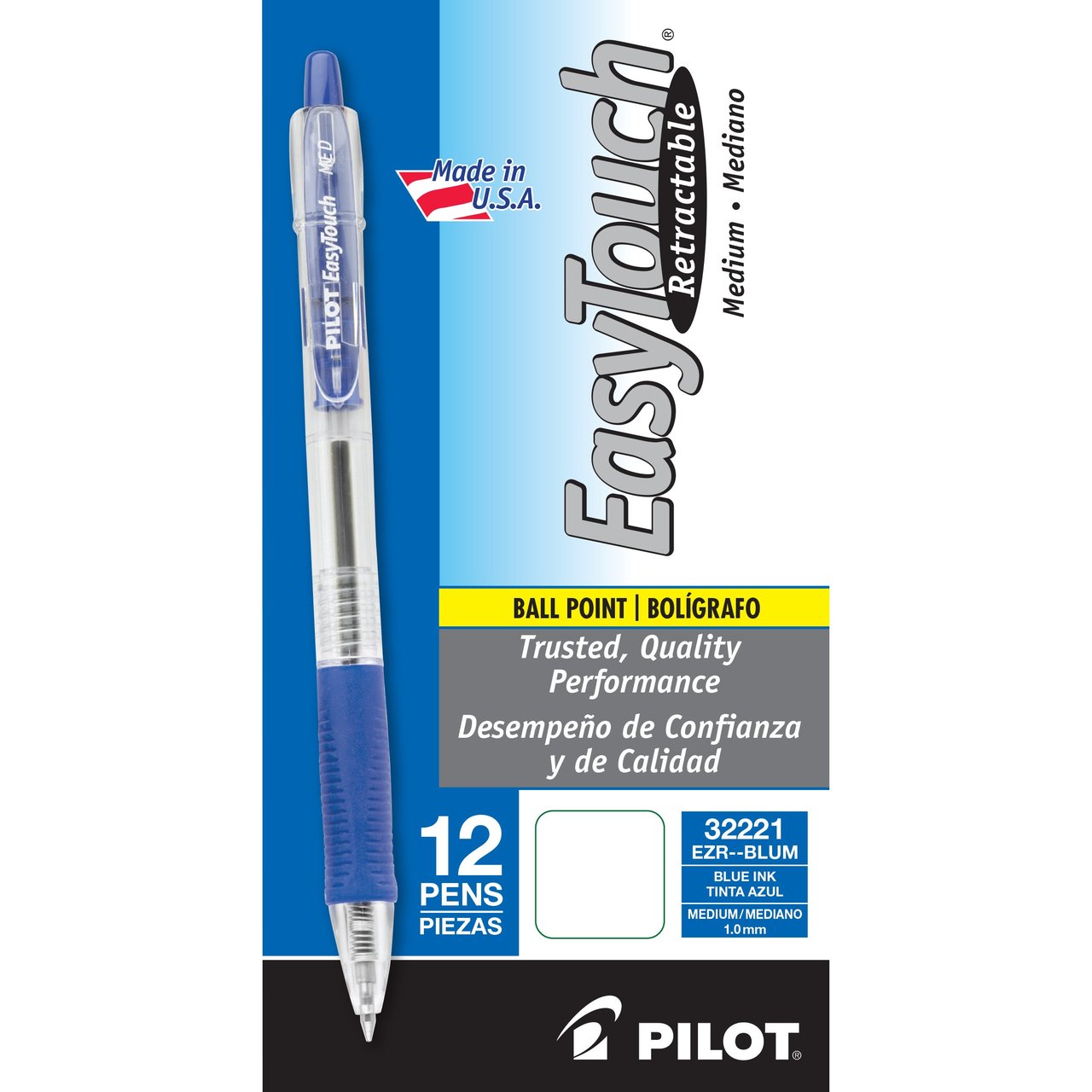 Pilot EasyTouch Retractable Ballpoint Pen, Medium Point 1.0mm, Blue Ink, 12 Count - Image 1