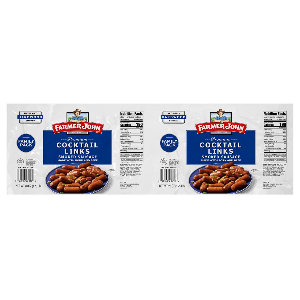 Farmer John Premium Cocktail Links Smoked Sausage, Made with Pork & Beef, 2 x 28 oz - Image 1