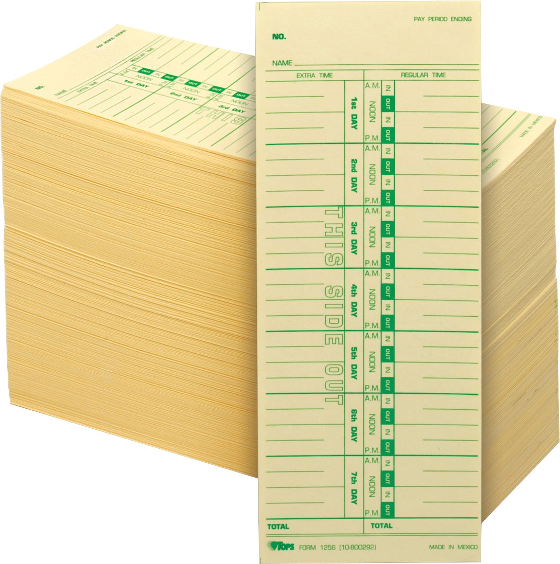 TOPS Regular/Overtime Weekly Time Cards, 3-1/2" x 9", 500 ct