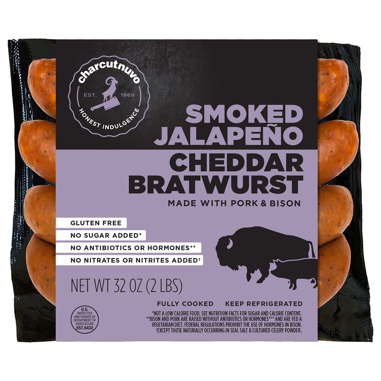 Charcutnuvo Bison & Pork Bratwurst 32 oz - Image 1