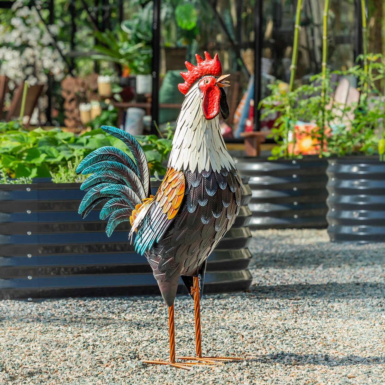35 Inch Farmhouse Rooster Metal Statue - Image 1