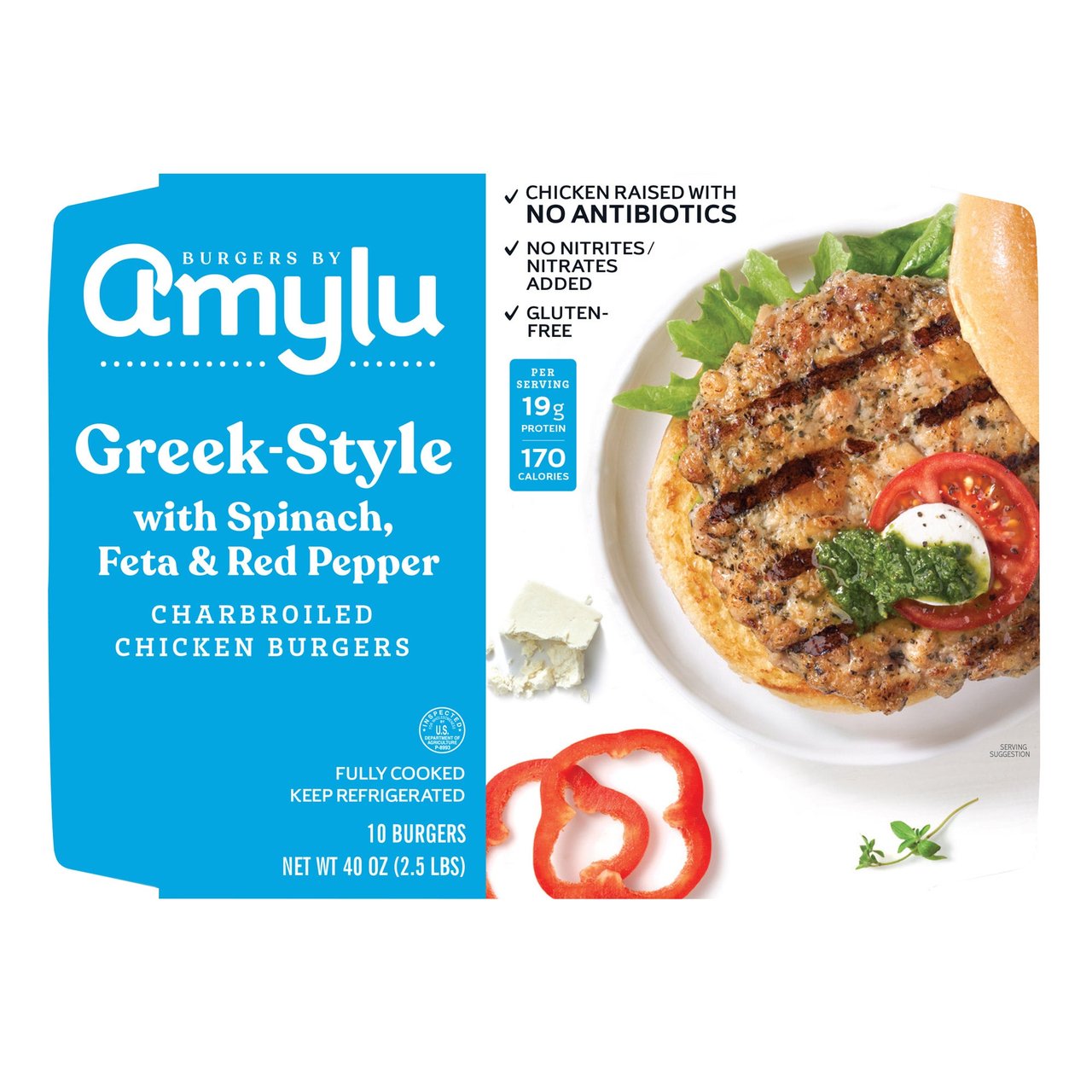 Amylu Greek Style Chicken Burgers with Spinach, Feta & Red Pepper 10/4 oz (40 oz) - Image 1
